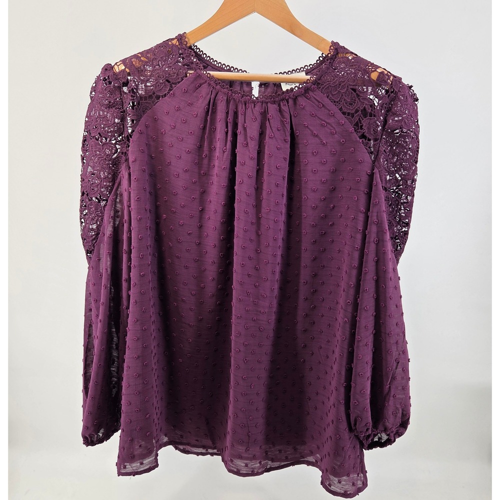 Remi Jones Lace Swiss Dot Blouse Women 3X Purple Flowy Sheer Sleeve Romantic